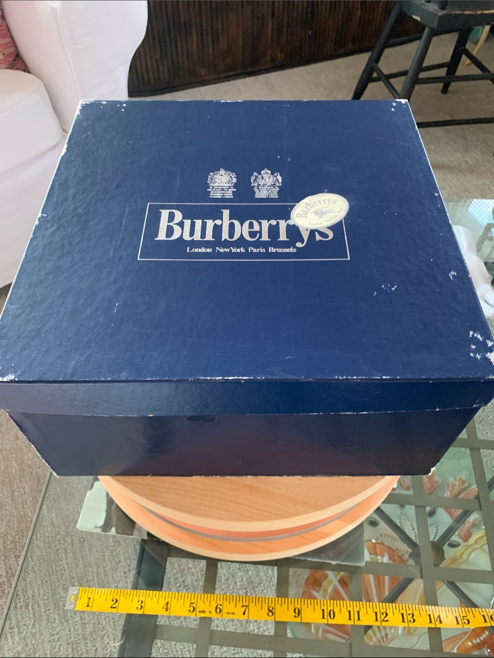 Vintage Burberrys blue rigid lidded box older brand logo, royal warrants
